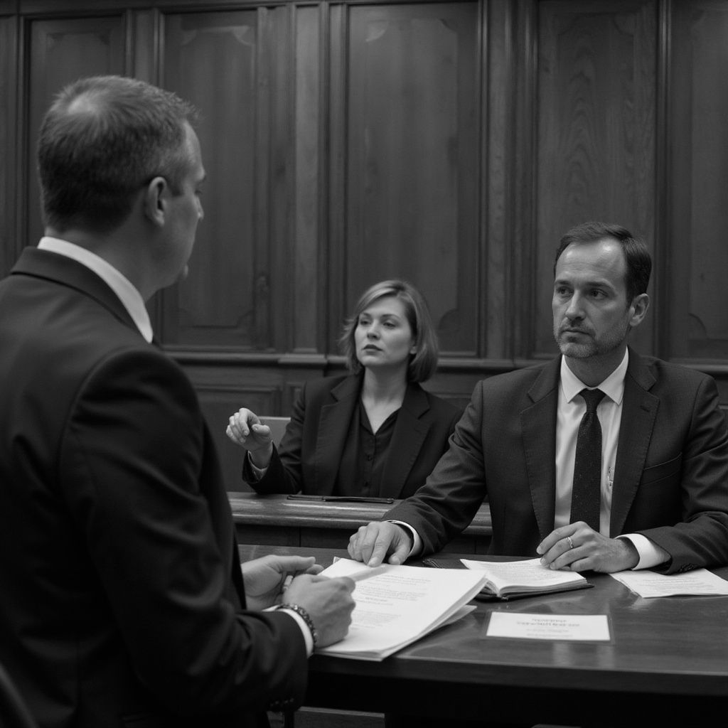 Lawyers in courtroom: One speaks, two seated at table, witness behind. Black and white.