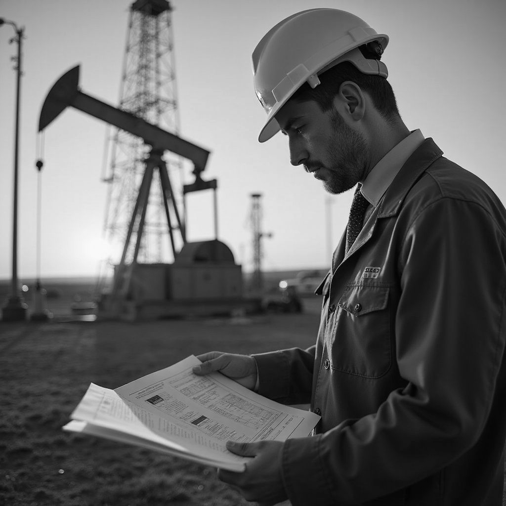 Oil engineer in hard hat studies blueprints at a pump jack and rig site at sunset.