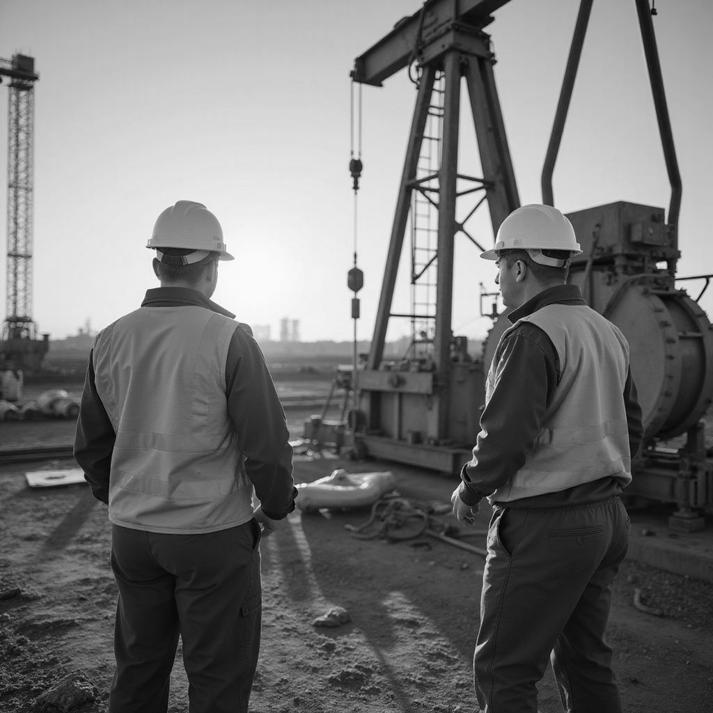 Two workers in hard hats and vests at an oil rig.