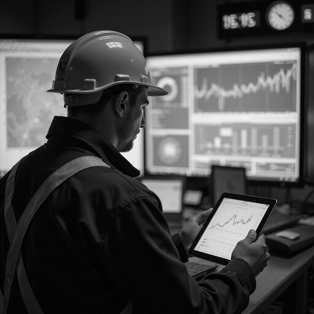 Man in hard hat examines tablet displaying graphs, monitoring data in a control room with computer screens.