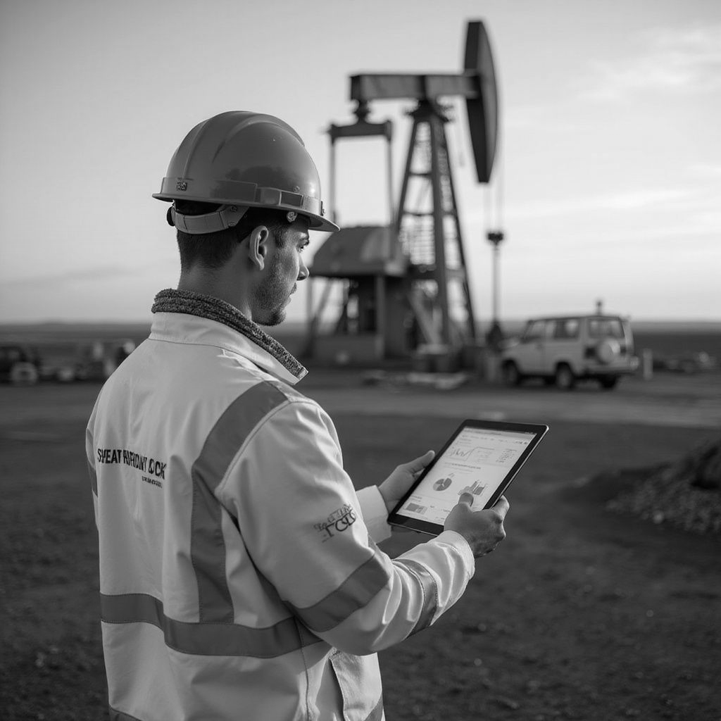Oil worker in a hard hat and vest reviews a tablet in front of a pumpjack and vehicle.