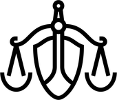 Black outline icon of balanced scales and a shield, symbolizing justice and protection