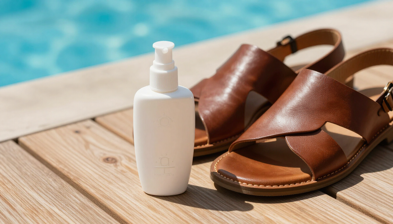 Sunscreen and sandals on a summer deck