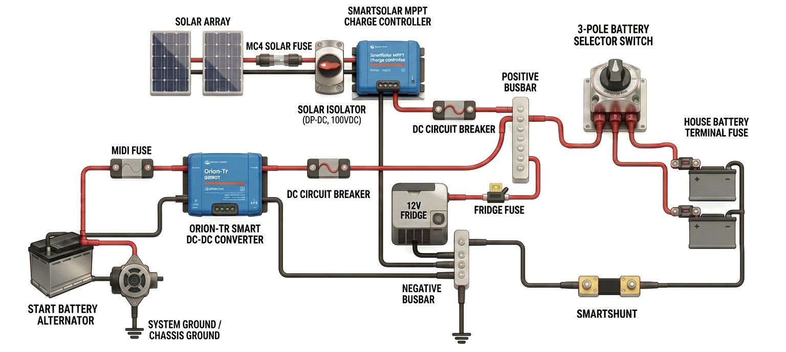 DC‑DC charger wiring with fuses to charge caravan/motorhome house battery alongside solar MPPT.