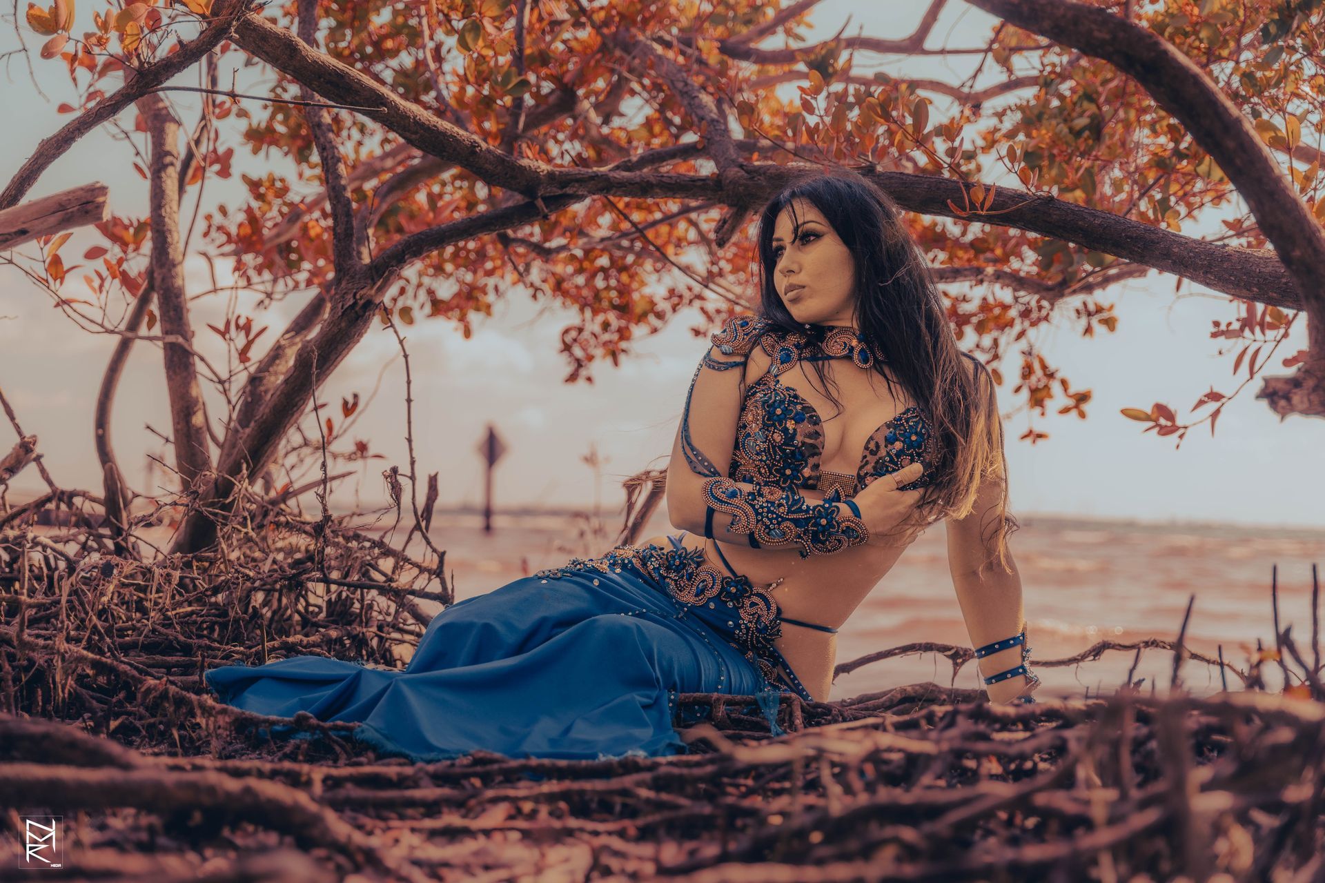 Azeeria Azizah in a blue dress laying under a tree.