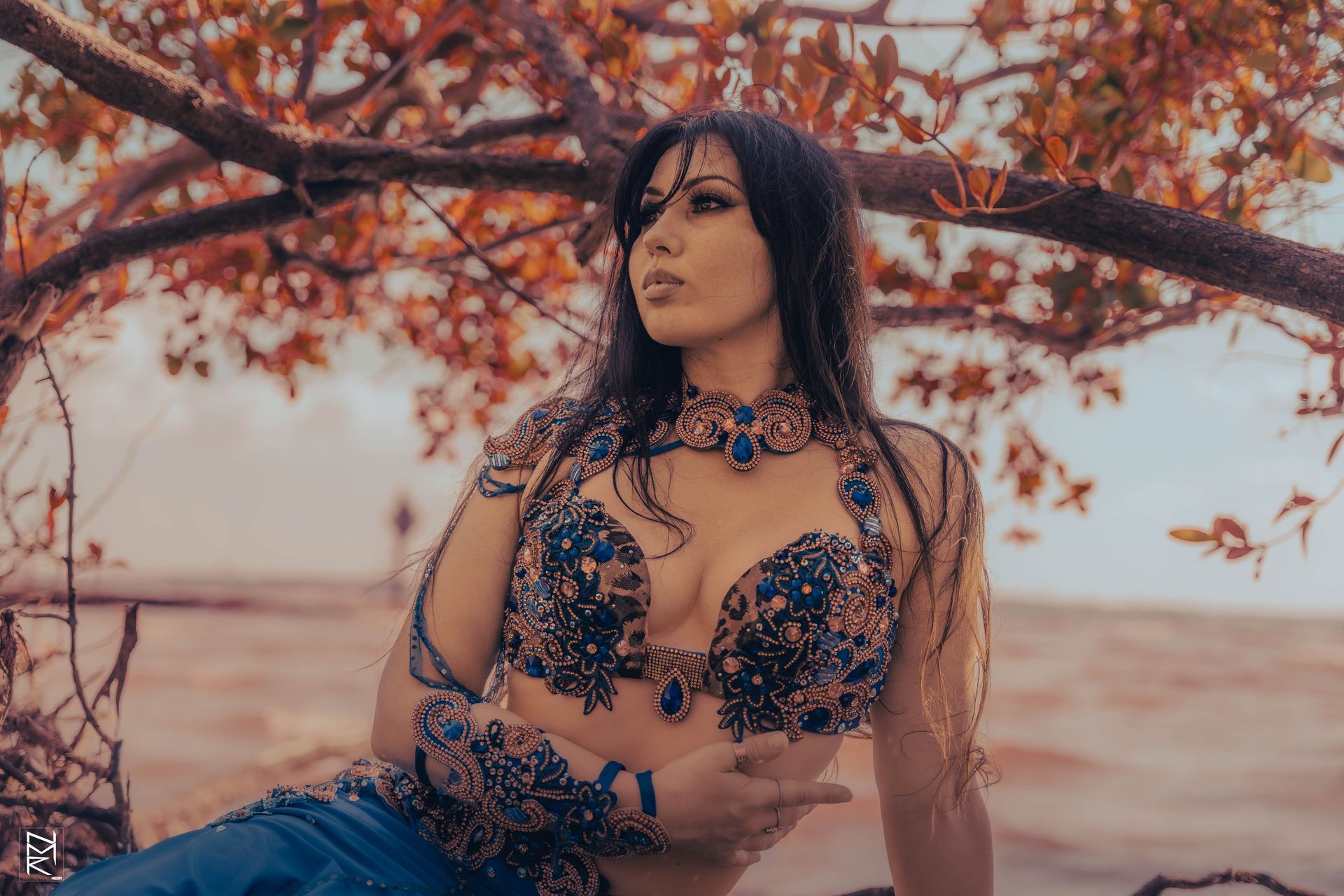 Azeeria Azizah in a belly dance costume sitting under a tree gazing.