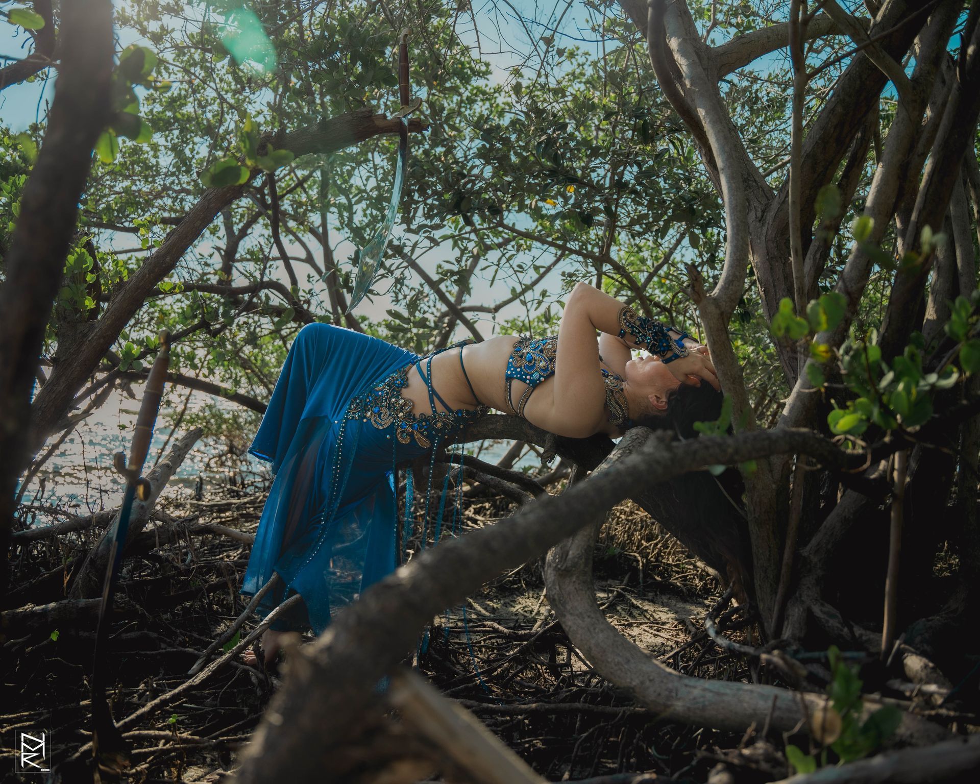 Belly dancer Azeeria Azizah in a blue dress is laying on a tree branch.