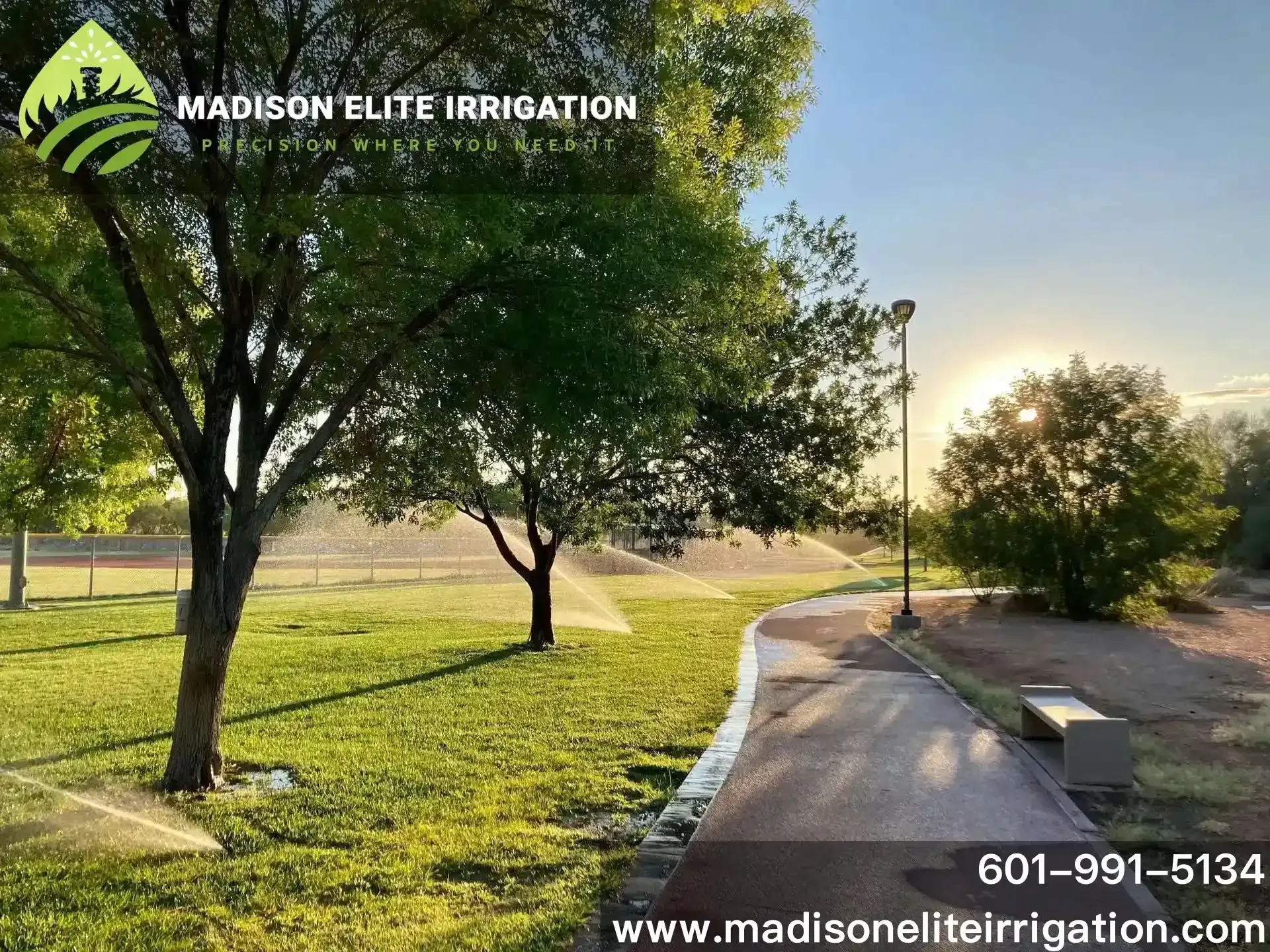 A green lawn with irrigation sprays, a path, and trees at sunset. Logo for Madison Elite Irrigation with contact info.