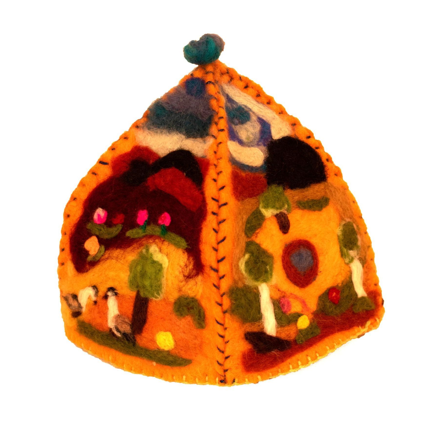 A painting of a house with trees and flowers on it