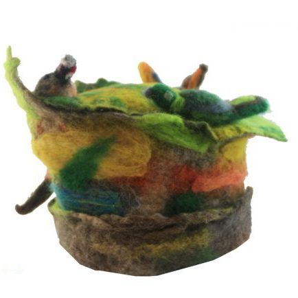 A colorful sculpture with a bird on top of it