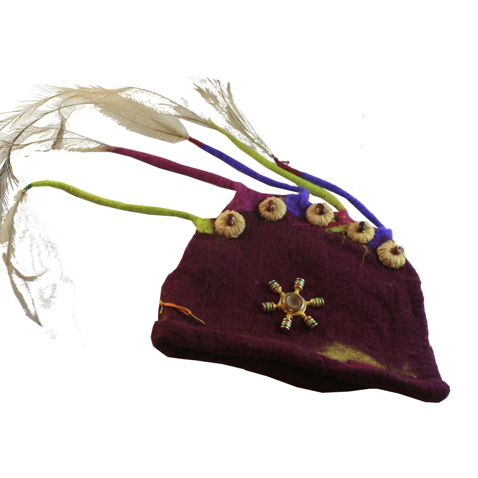 A purple hat with feathers and beads on it