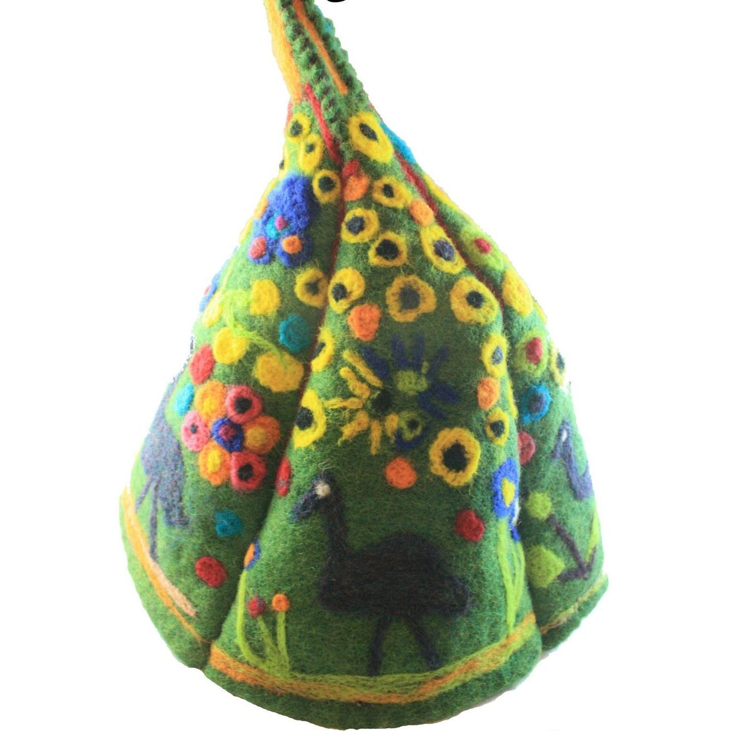 A green hat with a deer and flowers on it