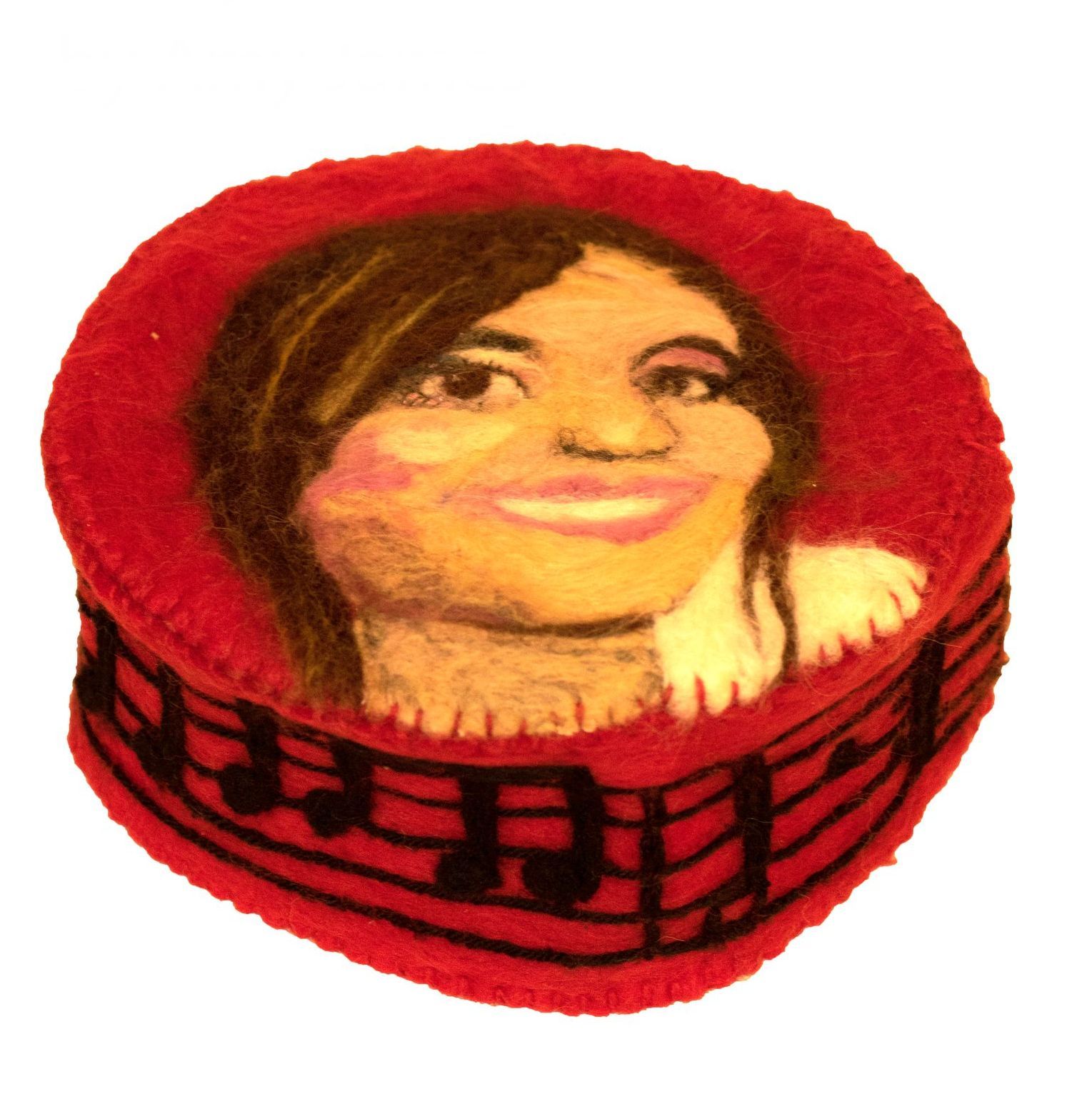 A drawing of a woman with music notes around her neck