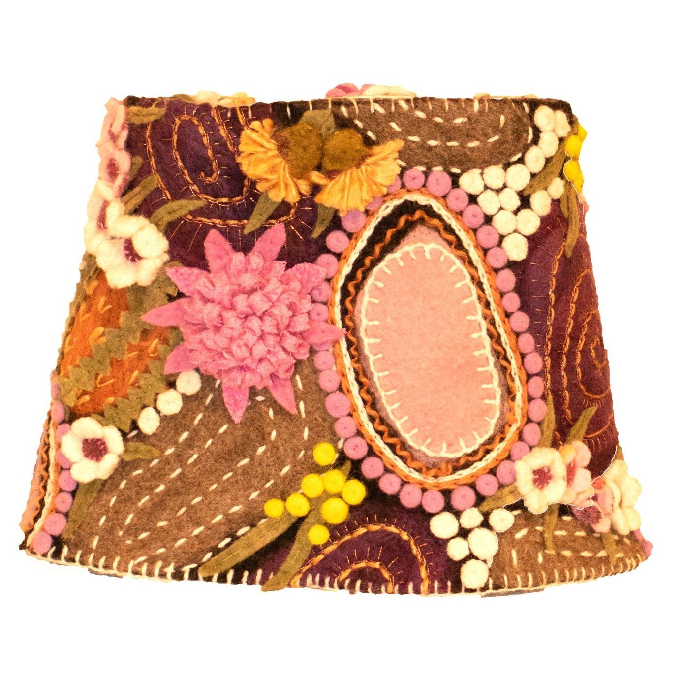 A brown skirt with pink flowers and yellow beads