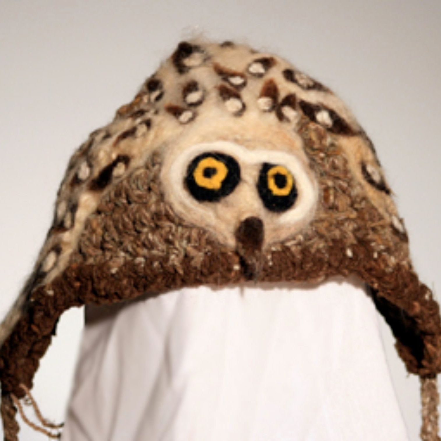 A person wearing a hat that looks like an owl