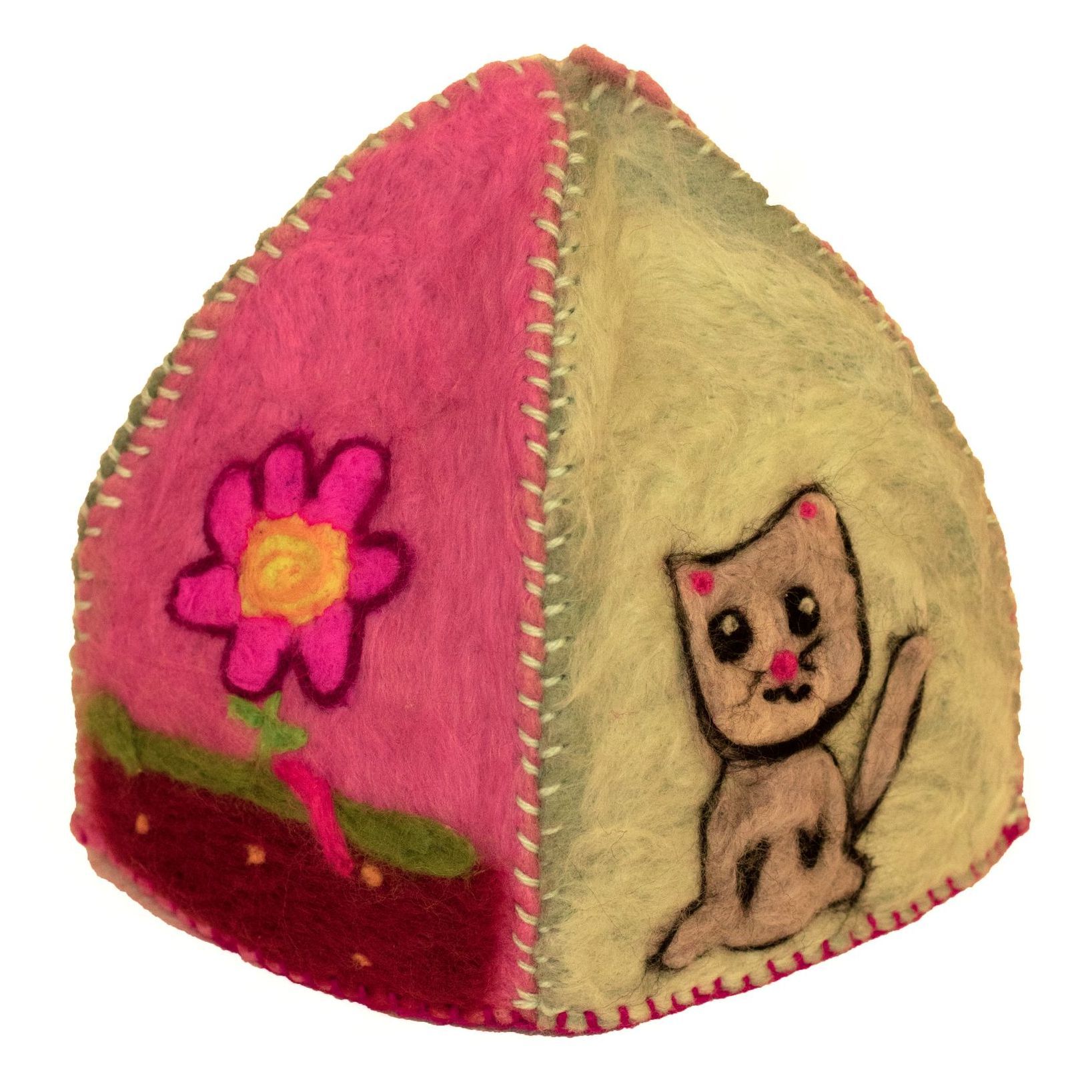 A pink triangle with a flower and a cat on it