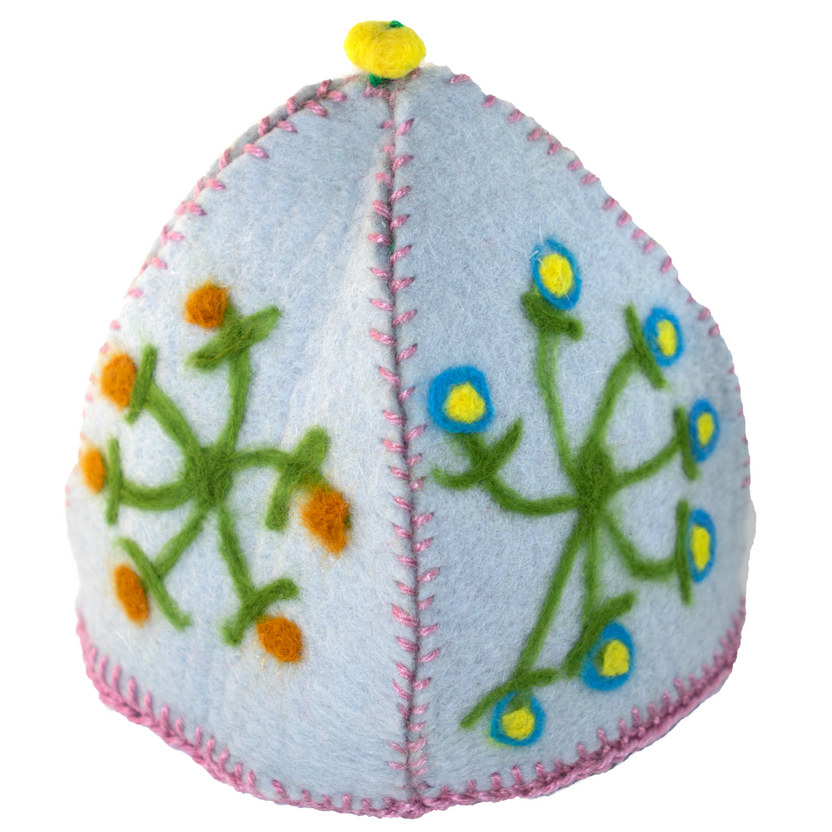 A white hat with flowers painted on it