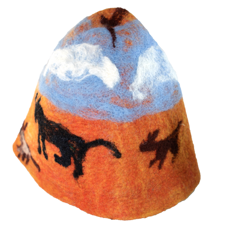 A hat with a picture of horses on it