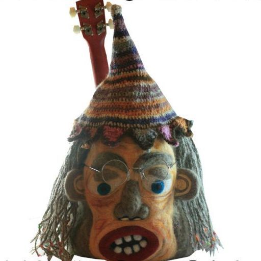 A head with a hat and glasses is holding a guitar