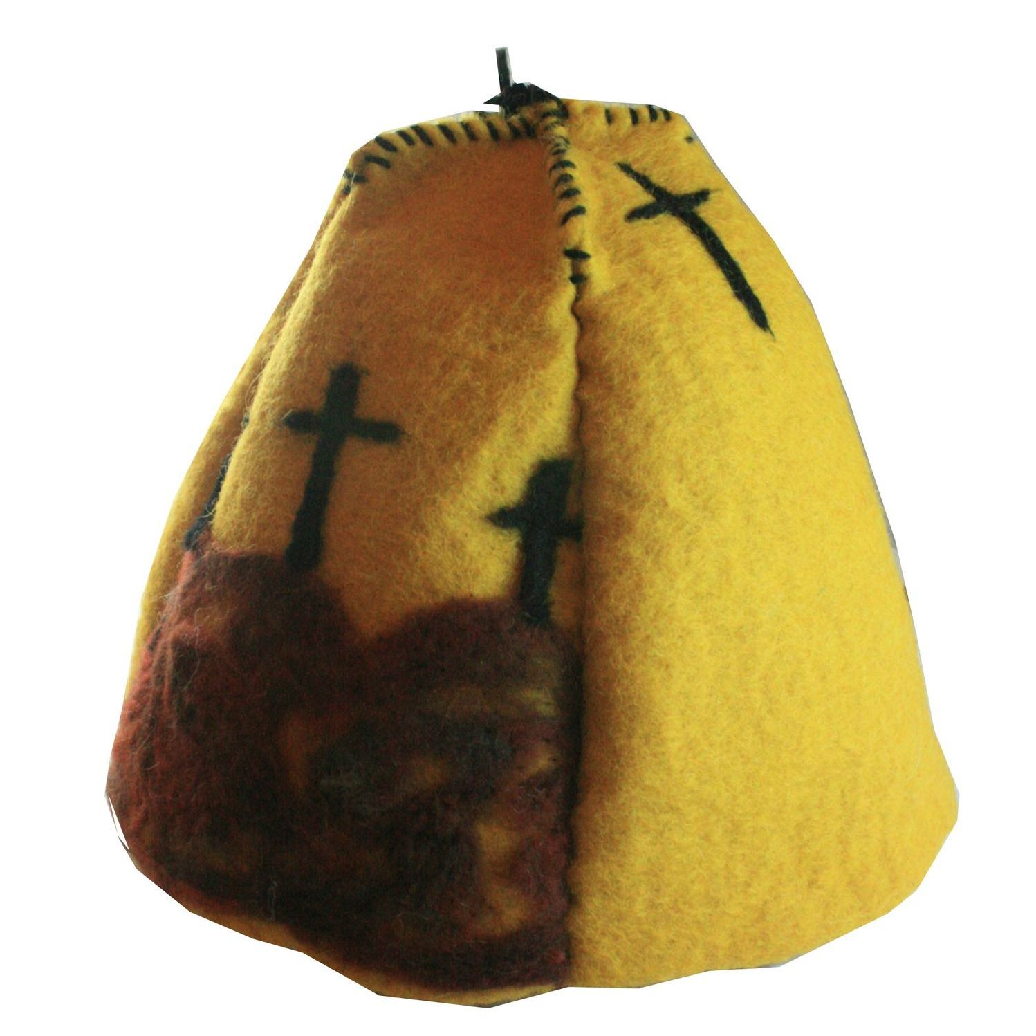 A yellow hat with two crosses on it