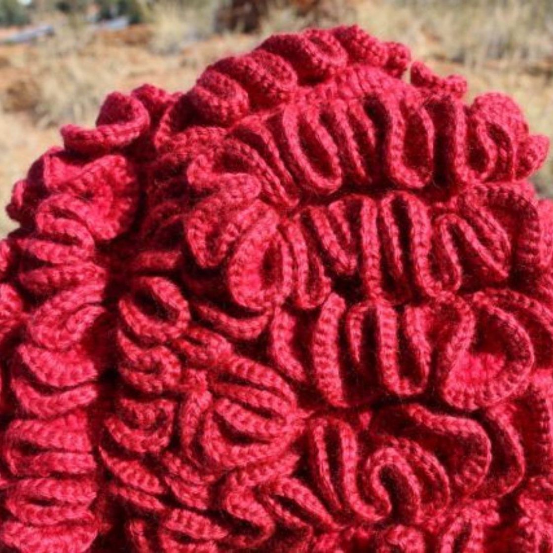 A close up of a red knitted object that looks like a brain