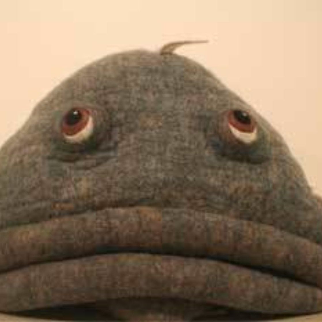 A stuffed fish with big eyes is sitting on a table.