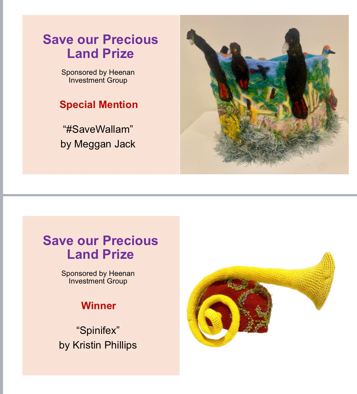 Two cards that say save our precious land prize