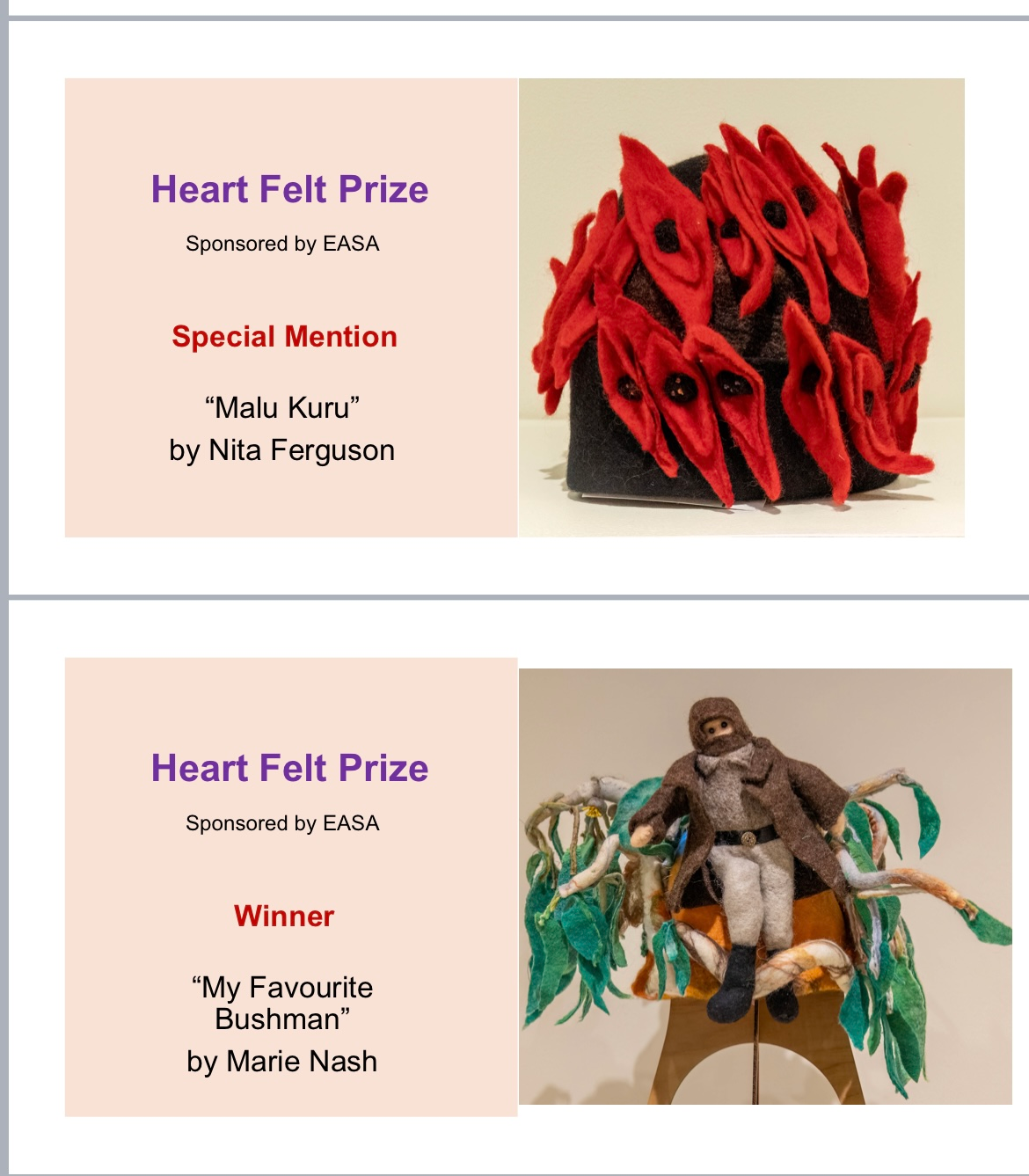 Two cards that say heart felt prize and heart felt prize winner
