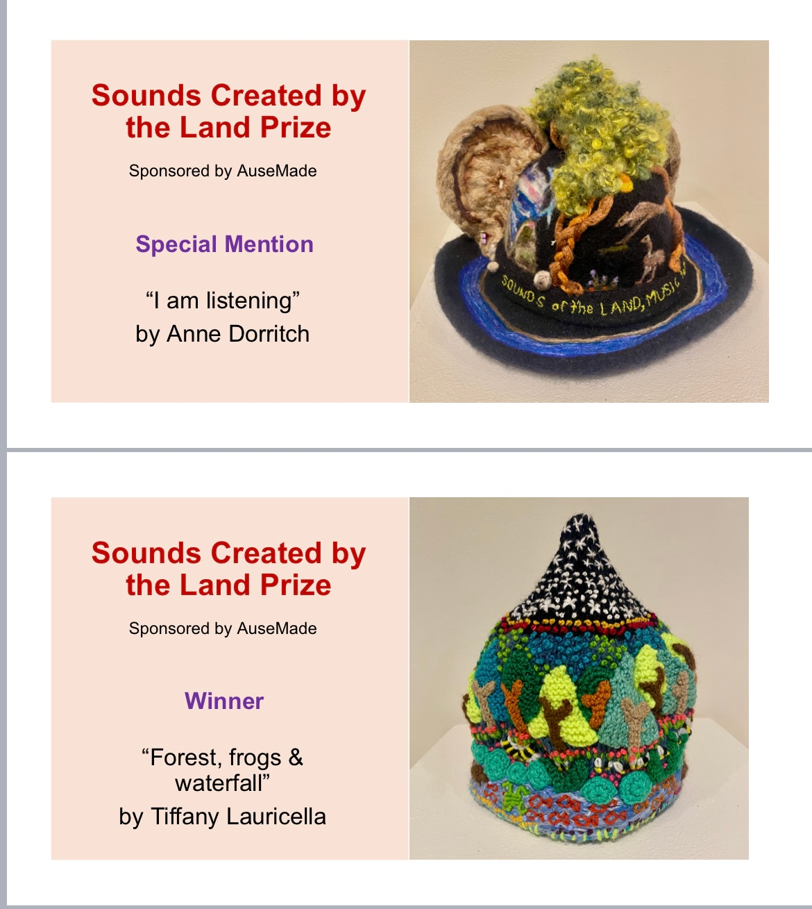 Two cards that say sounds created by the land prize