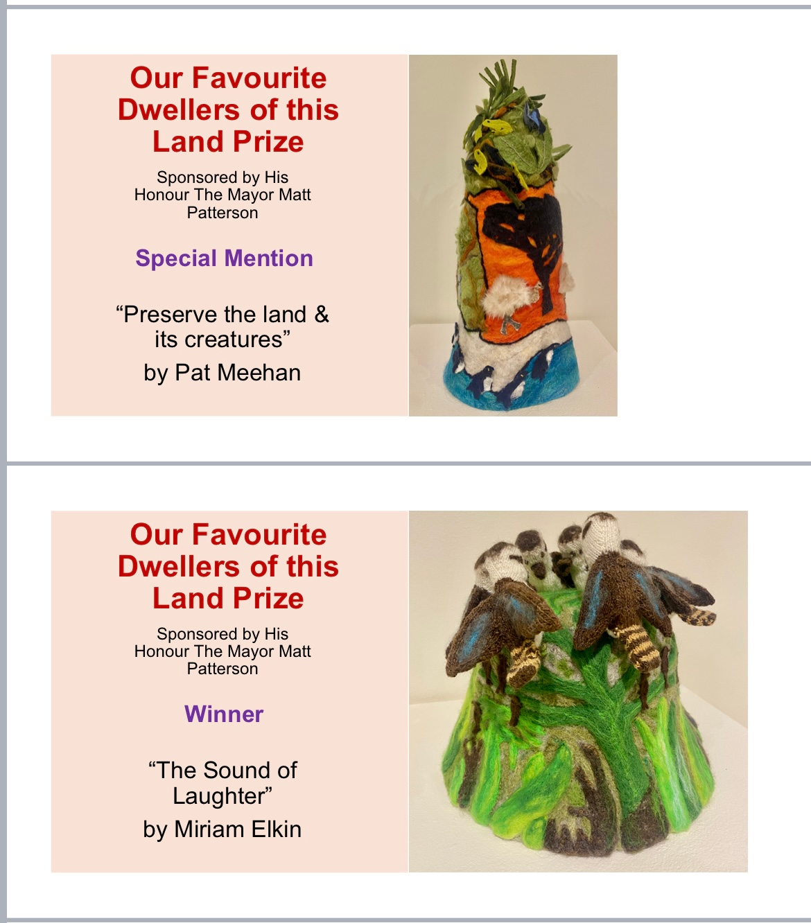 Two cards that say our favourite dwellers of this land prize