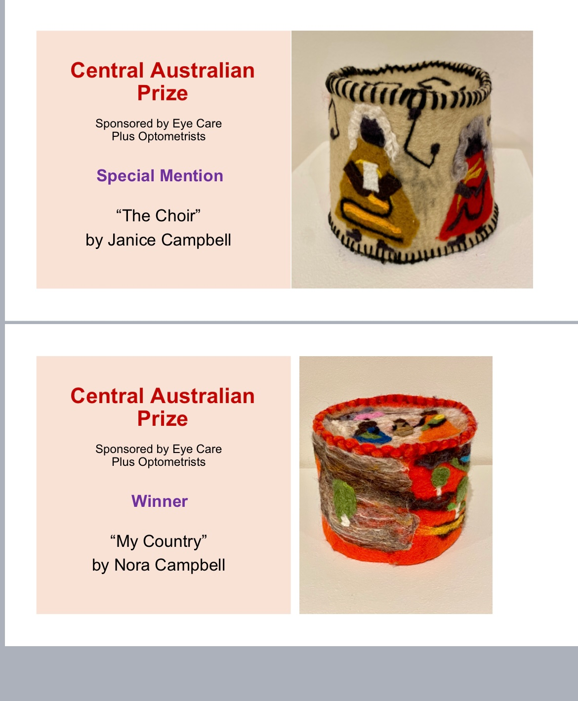 Two cards that say central australian prize and central australian prize winner