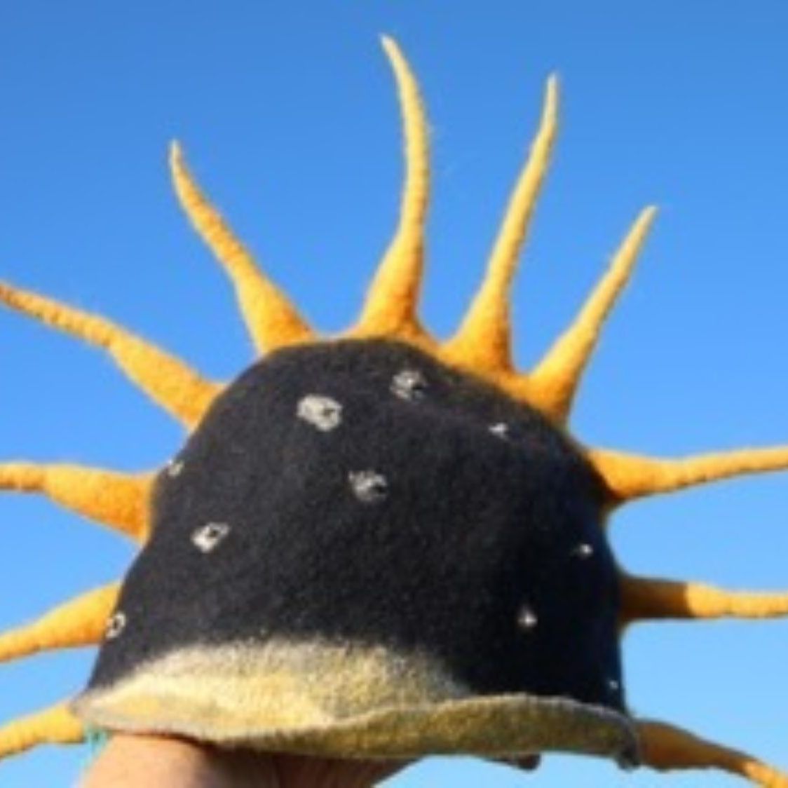 A person is holding a hat that looks like the sun
