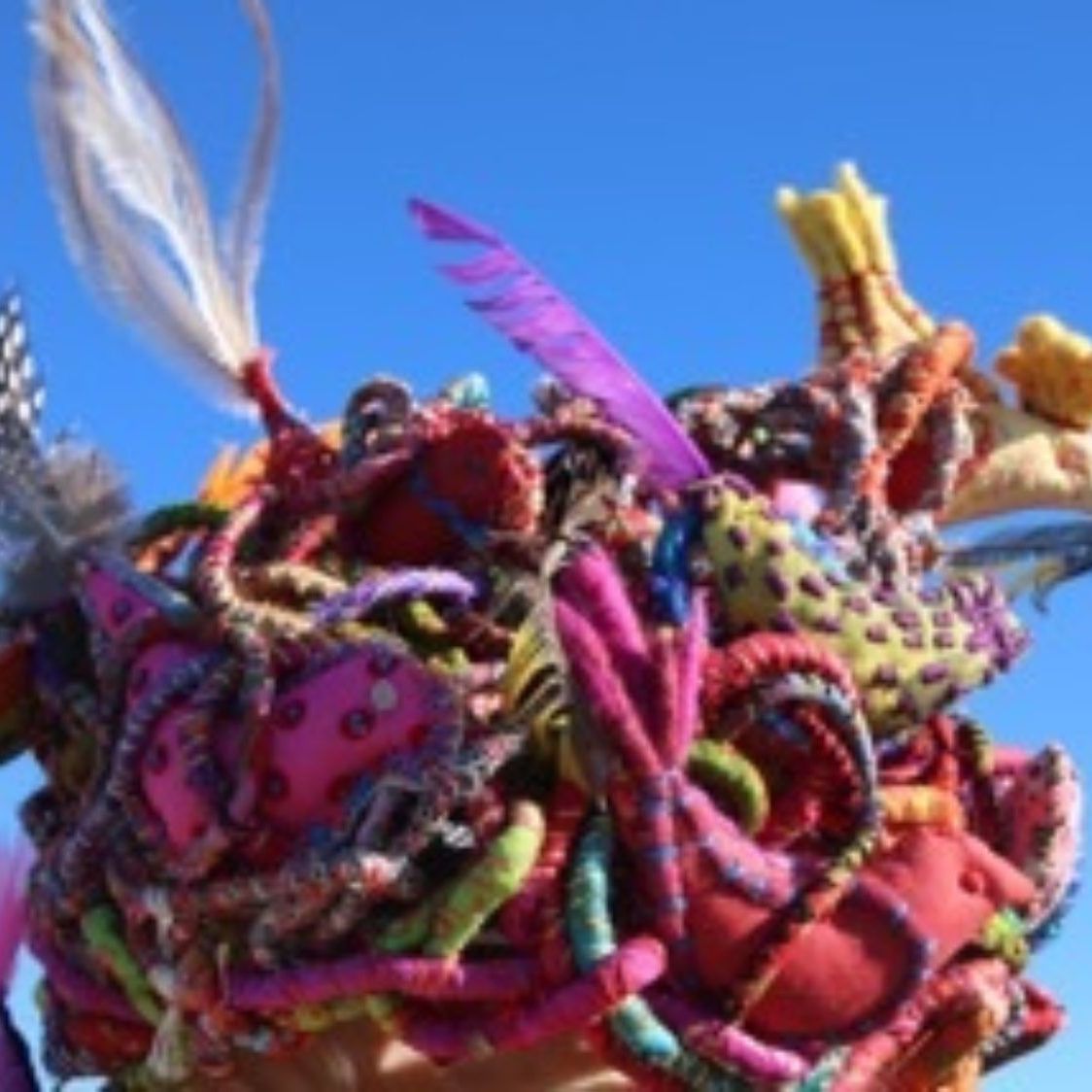 A person wearing a colorful hat with feathers on it