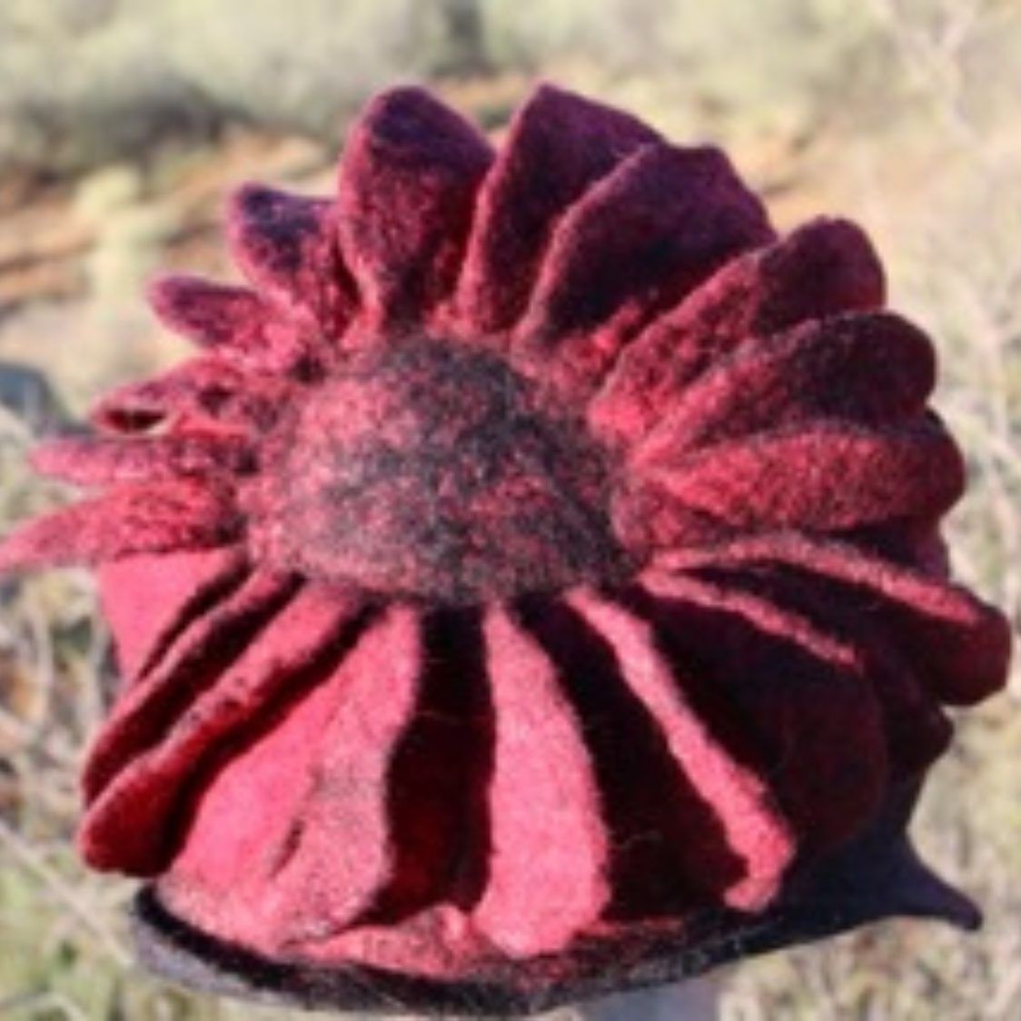 A close up of a red flower with a black center
