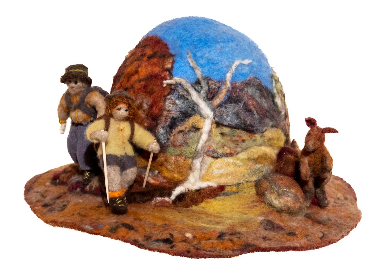 A painting of a man and woman hiking with a kangaroo