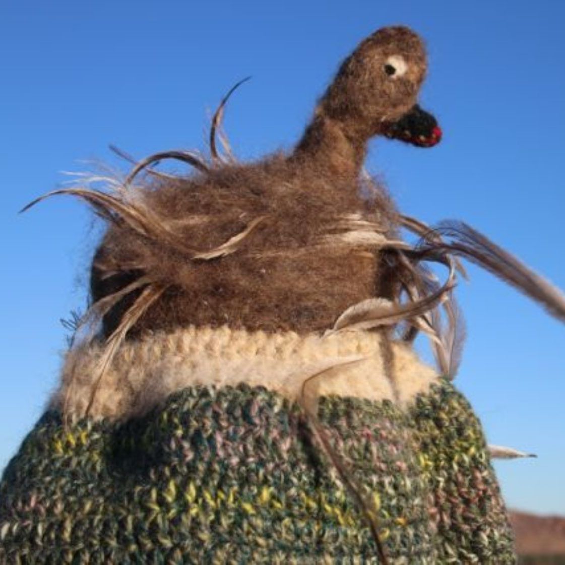 A person wearing a sweater with a bird on top of it