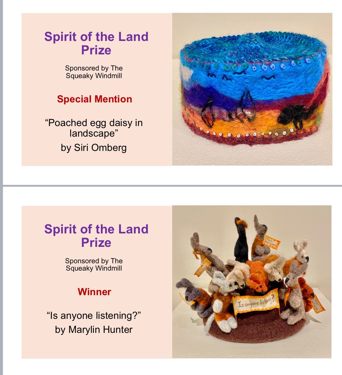 Two cards with one that says spirit of the land prize