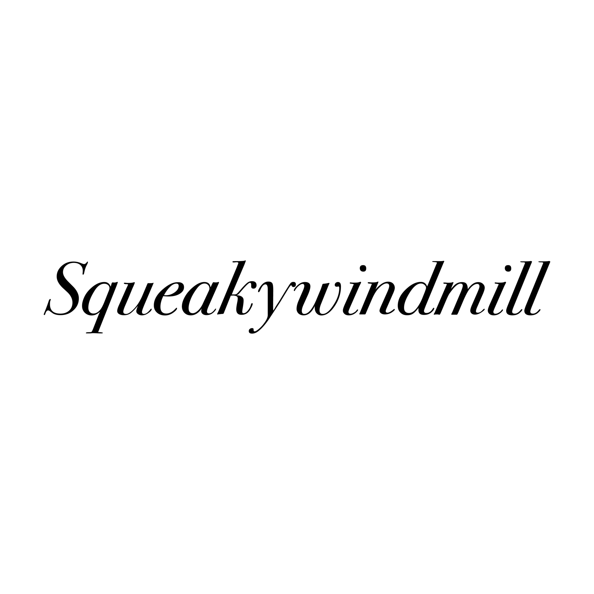 A black and white logo for squeaky windmill on a white background.