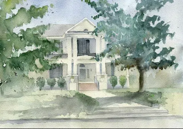 Watercolor painting of a two-story white house with columns, framed by green trees and shrubs.