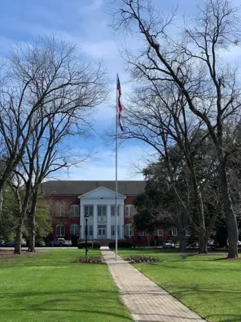 Brick building with white columns and a flag on a pole, viewed through trees on a green lawn.
