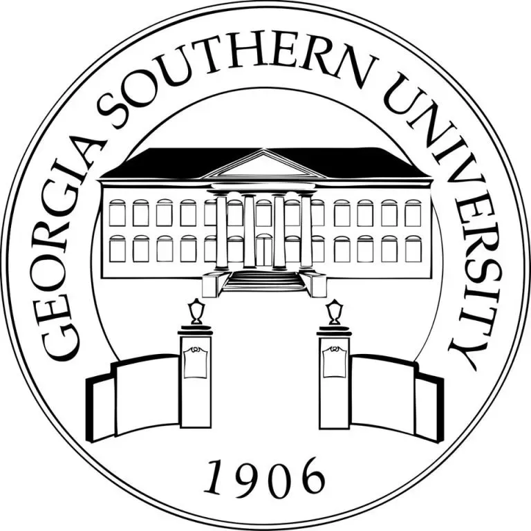Georgia Southern University seal: building with columns, open gates, and university text.