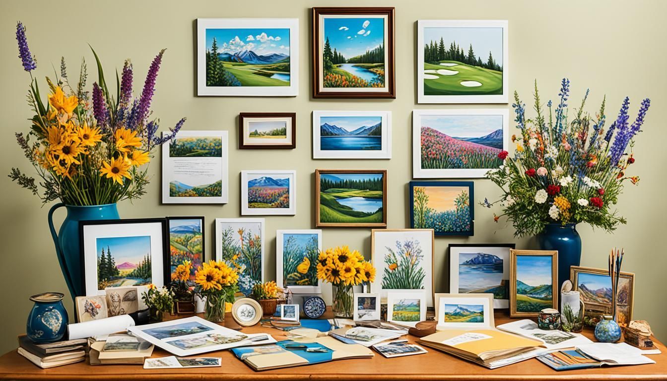 A collection of framed landscape paintings and floral arrangements on a wooden table against a tan wall.
