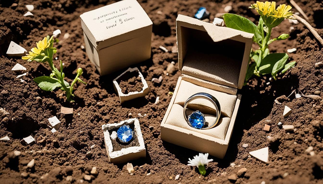 Engagement rings in open boxes, set in soil with small plants, bright sunlight.