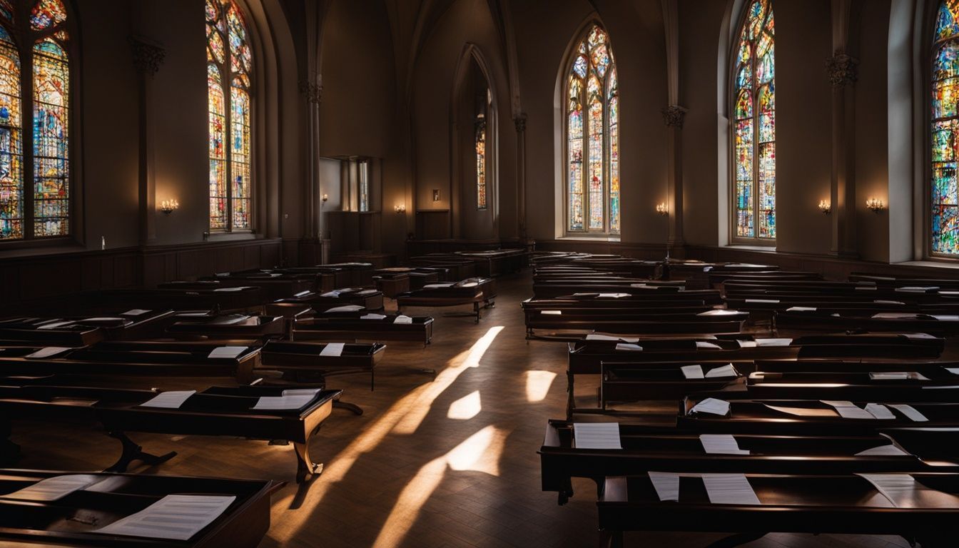 Interior of a church with rows of pews, stained glass windows, and sunlight streaming through.
