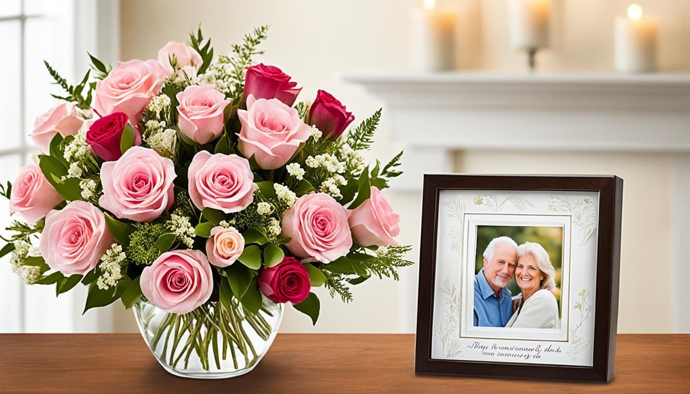 Pink roses in vase next to photo frame with smiling couple.