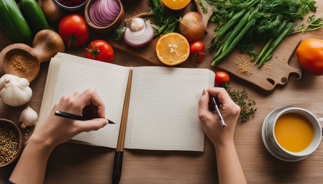 Hands writing in an open cookbook, surrounded by fresh vegetables, herbs, and a cup of soup.