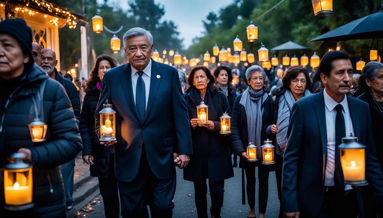 People holding lanterns walk, trees with hanging lights.