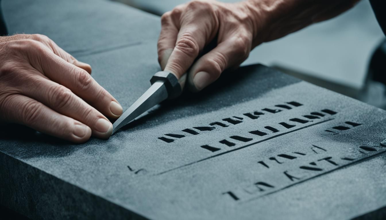 Hands using a chisel to carve words into a gray stone block.