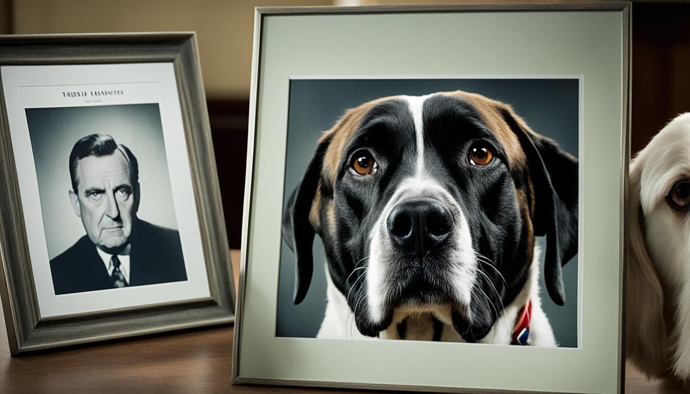 Framed photo of a dog with black, brown, and white markings. Next to it is a framed photo of a man in a suit.