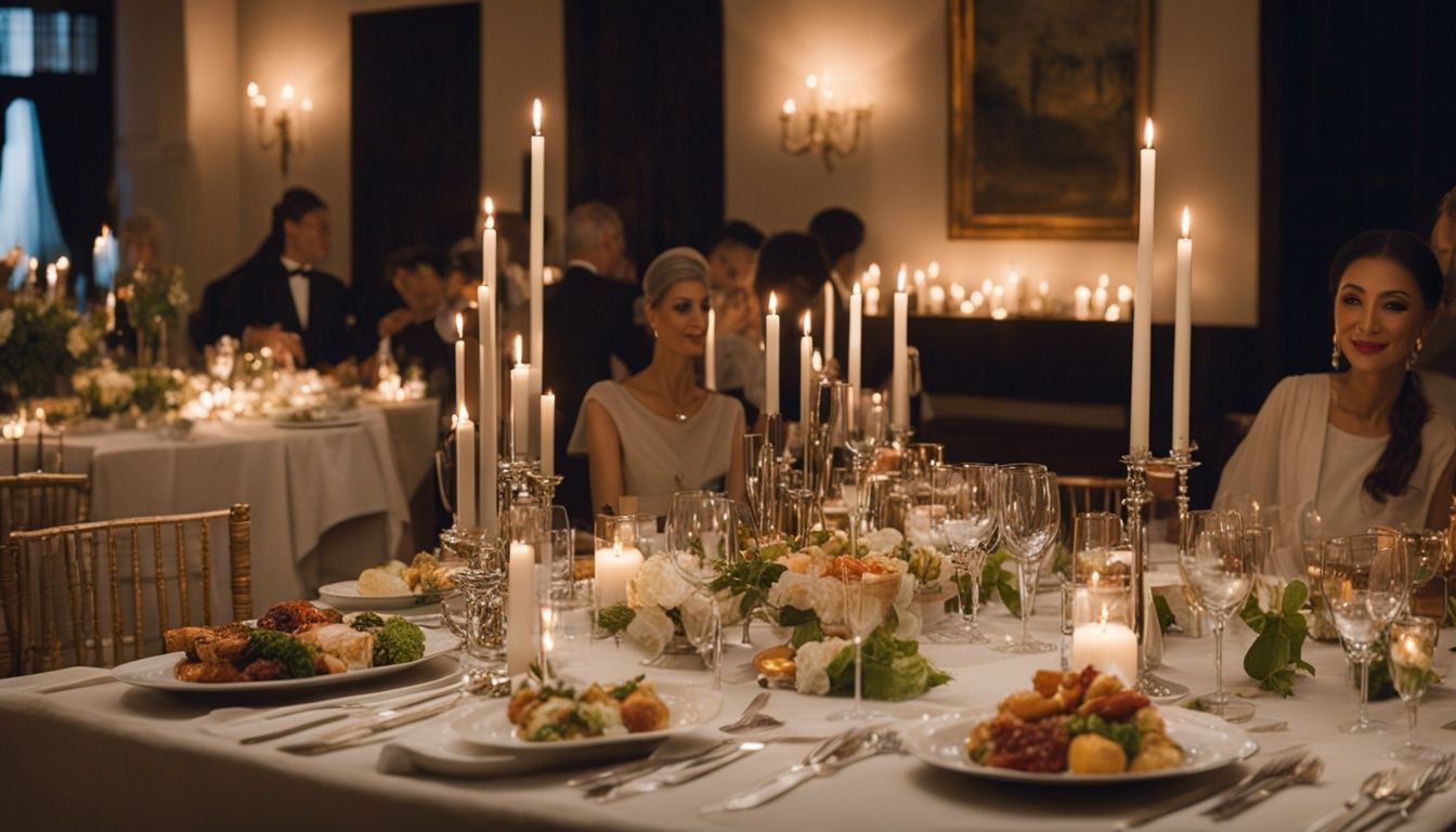 Formal dinner table setting; lit candles; people in evening wear at a social event.